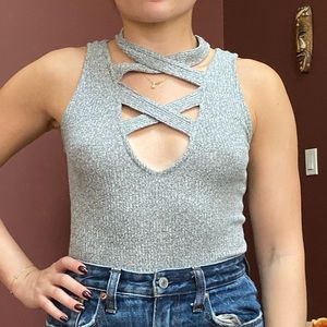 Express gray cross strap thong bodysuit